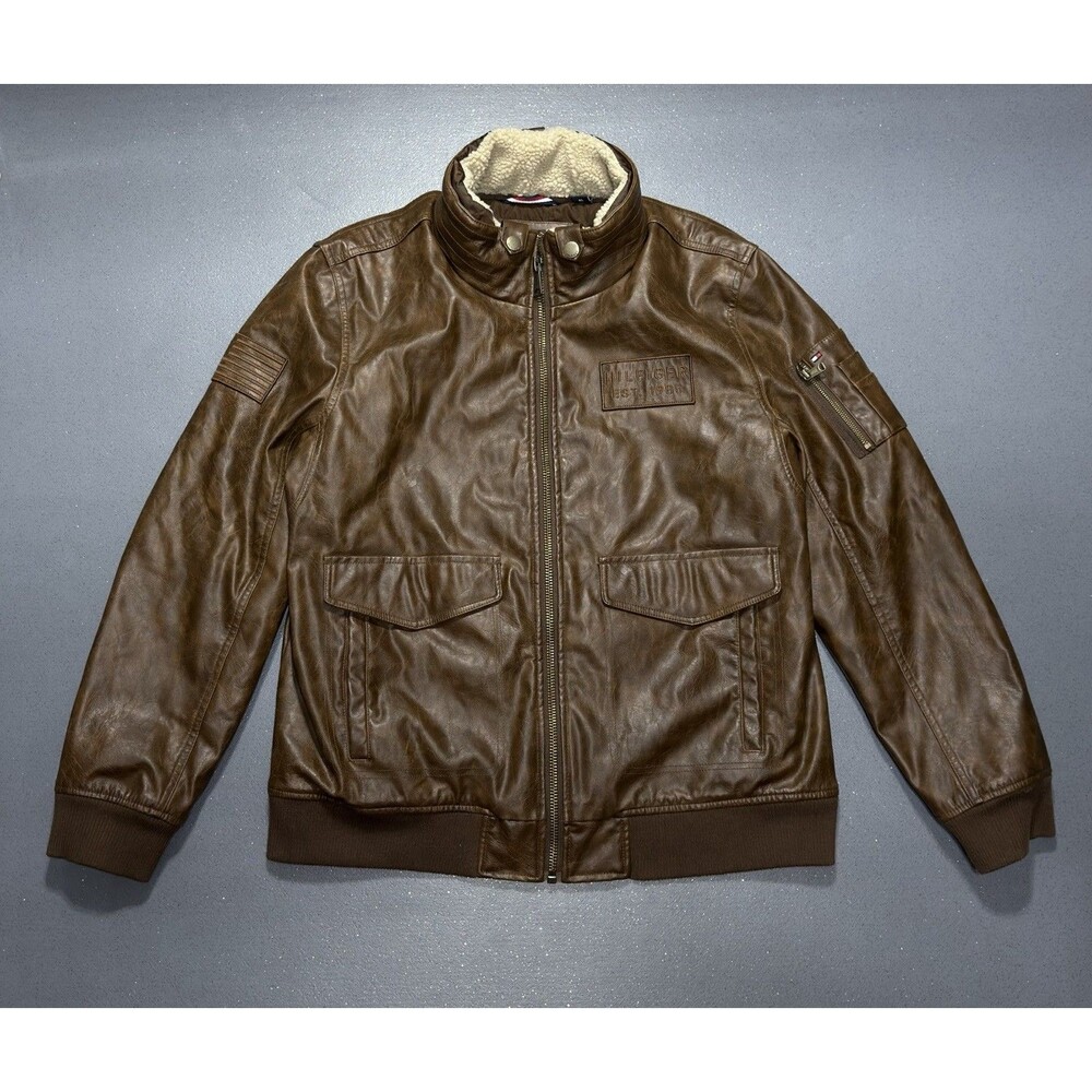 Tommy Hilfiger Faux Leather Bomber Jacket Mens XL Brown Fleece Collar Aviator